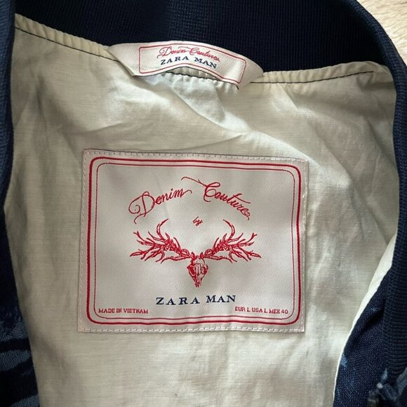 [Tag:L/Ptp:21”]Zara Denim Couture Navy Floral linen Bomber Jacket Lined - Picture 4 of 11